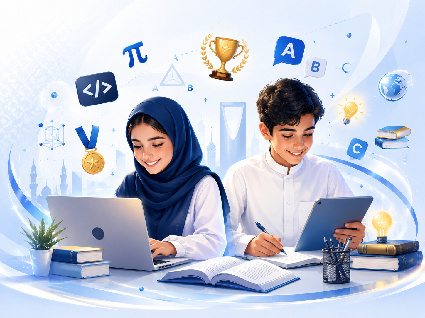 طلاب يتعلمون عبر أكاديمية الأوائل برو